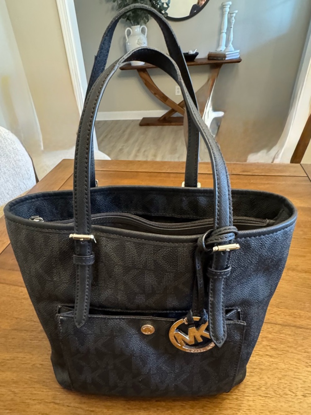 Michael Kors Black MK Logo Tote with Silver Charm - Picture 2 of 5